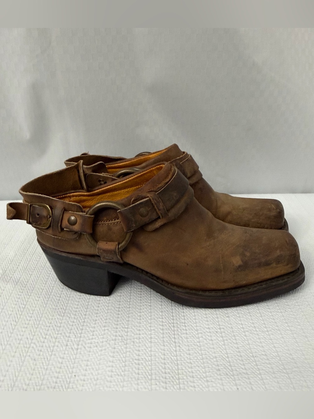 Vintage Frye Brown Leather Belted Harness Mules Women's 6 M Square Toe Shoes
